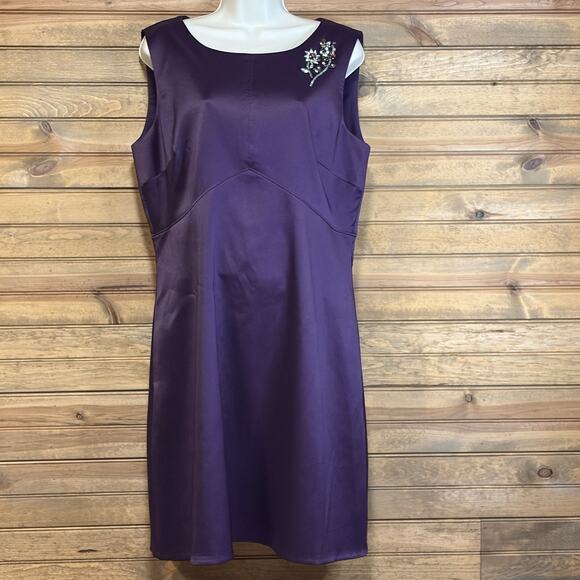 Eliza J Shift Dress Plum Rhinestone Floral Women’s Size 14 Knee Length Lined - Picture 2 of 13